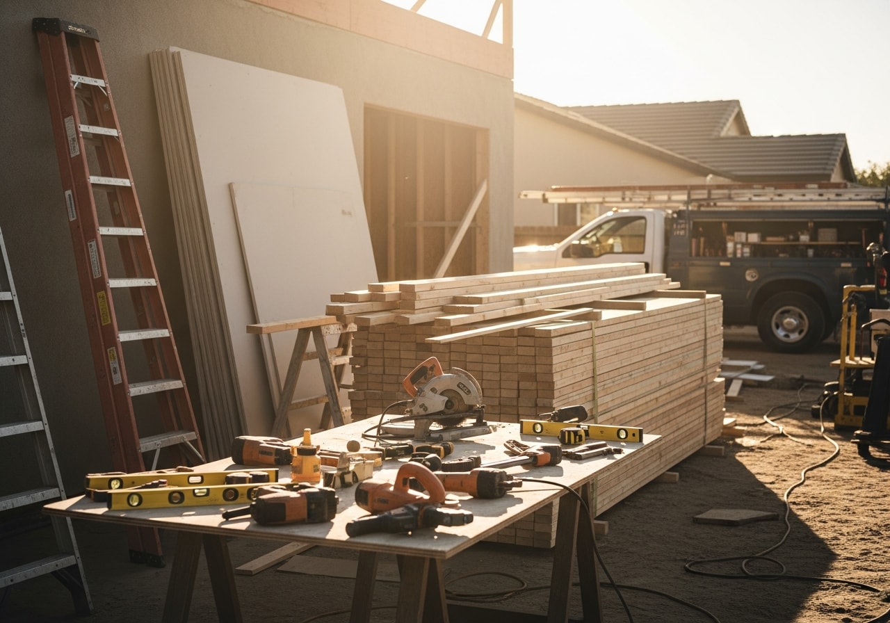 Construction crew and tools on a residential job site, showcasing professional equipment and worksite organization.