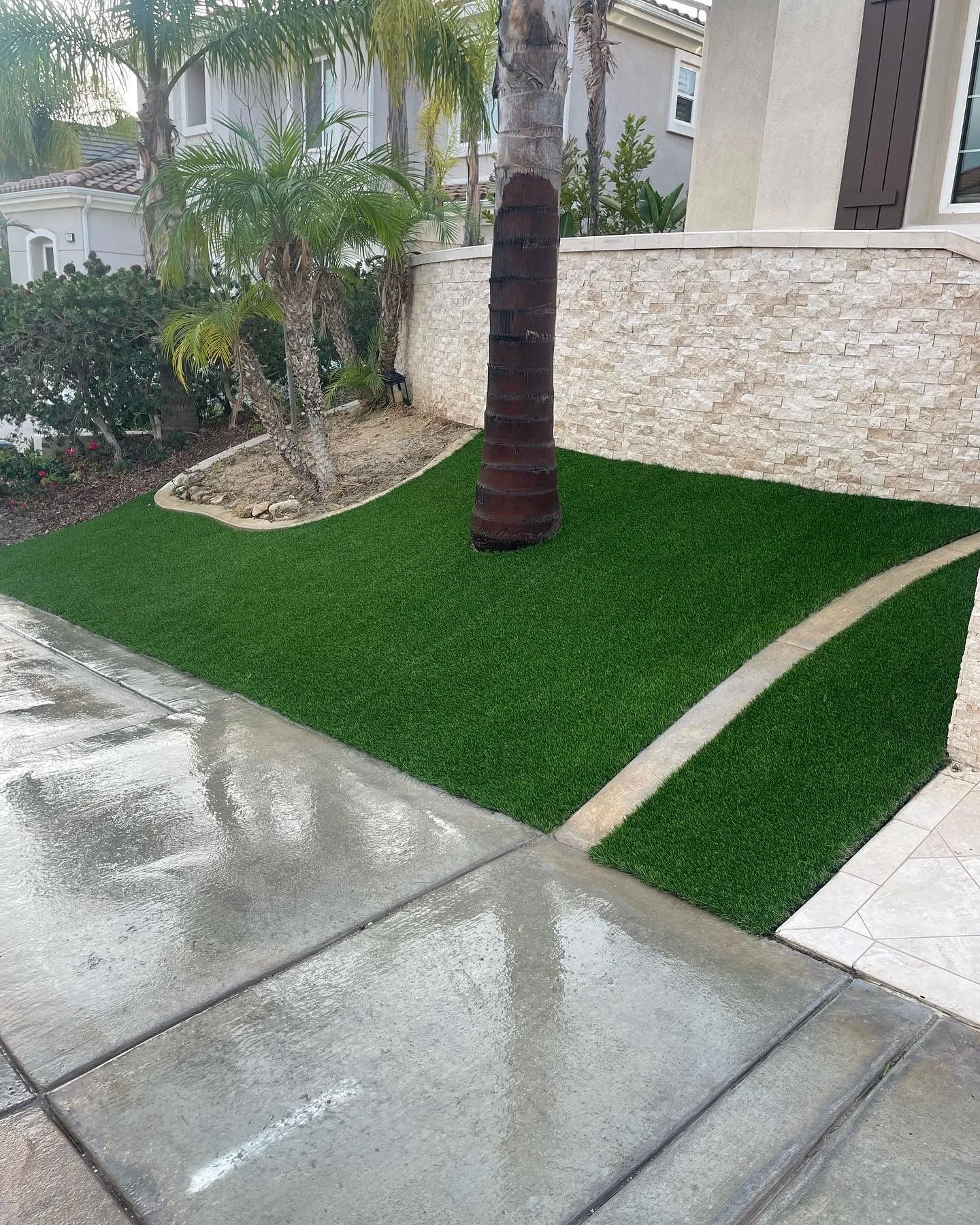 Synthetic turf courtyard with concrete walkway, stone wall, and palm trees