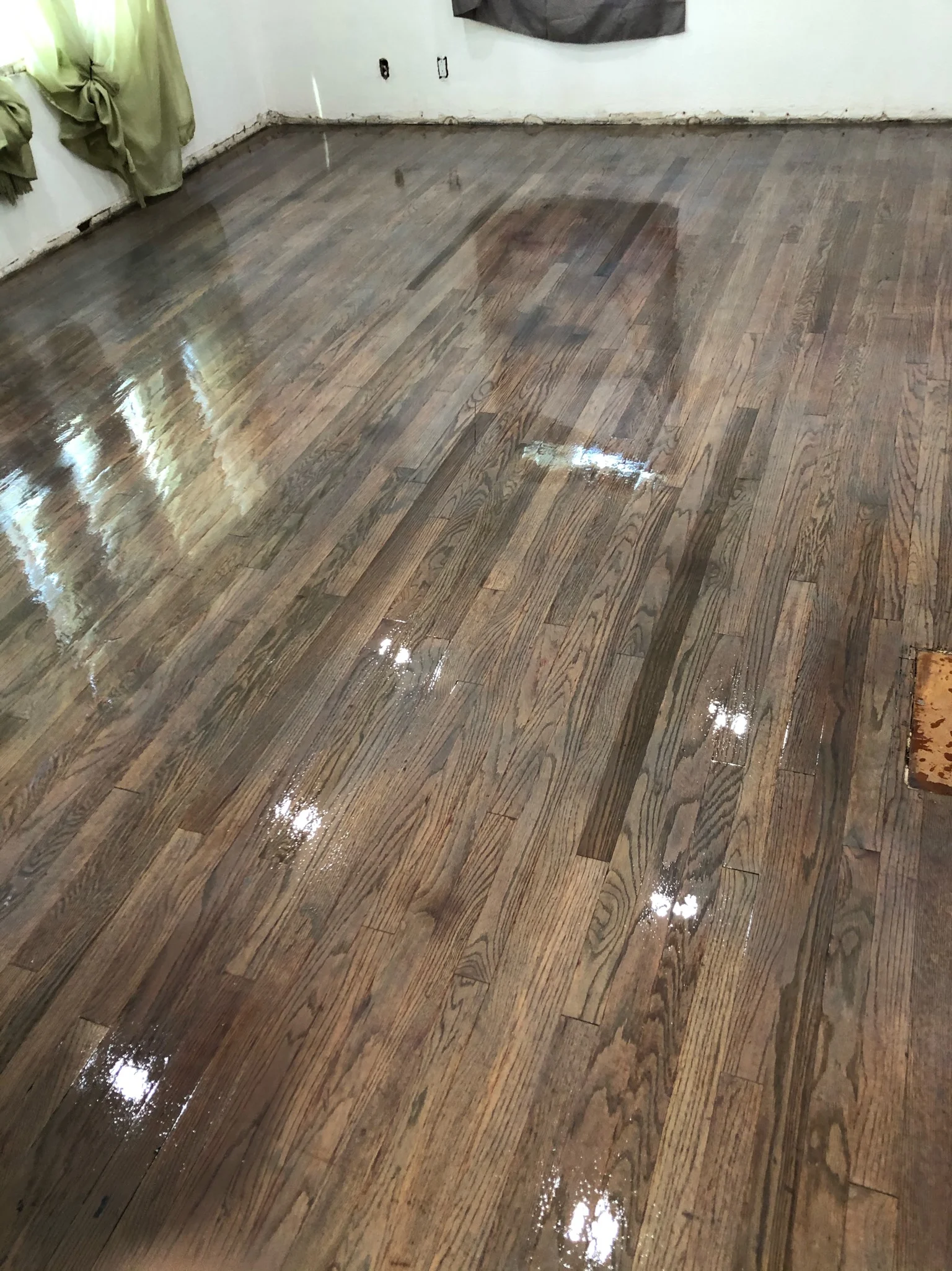 Refinished hardwood oak flooring with glossy polyurethane finish in residential interior