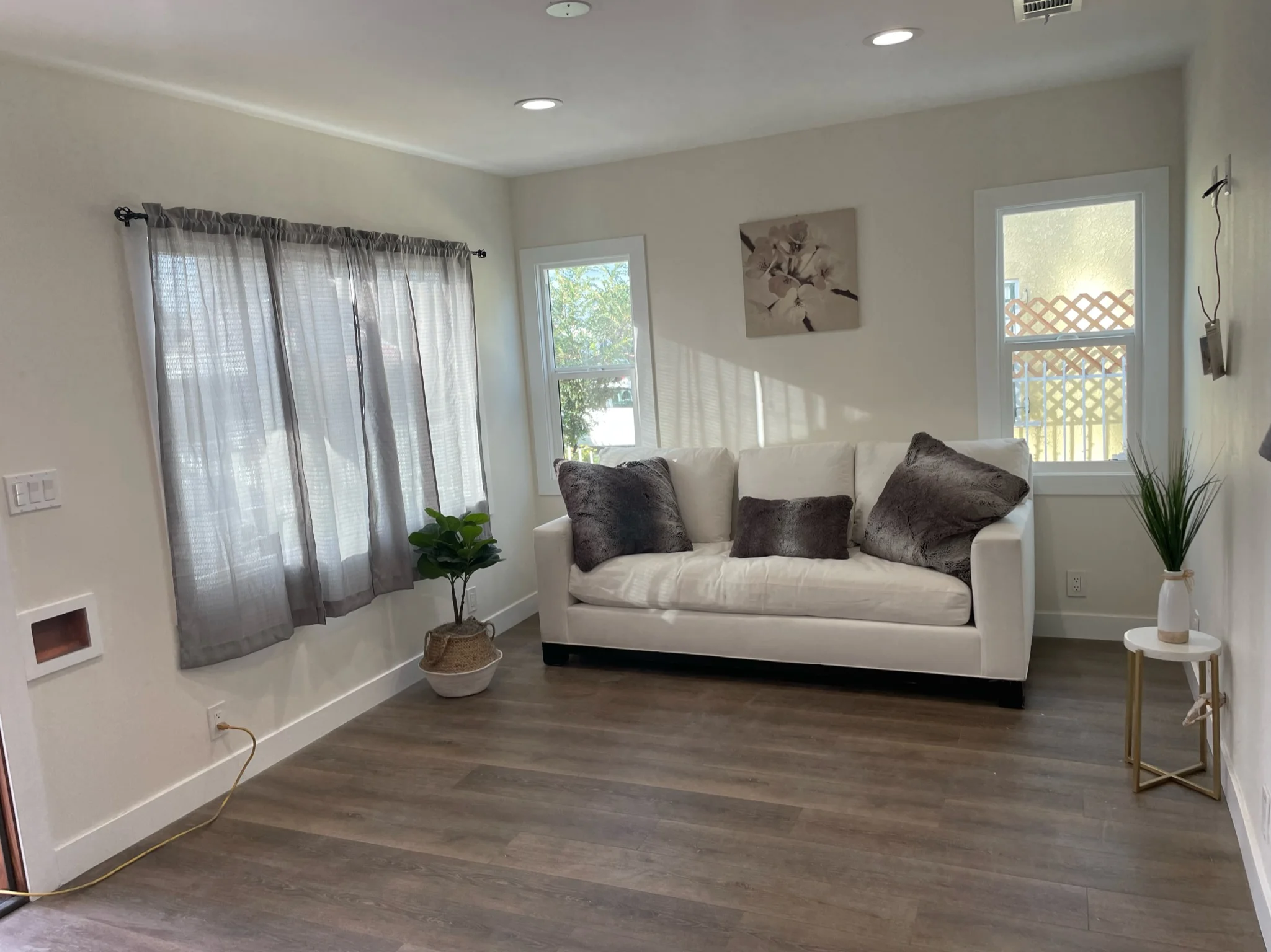 Bright modern living room with cream sofa, dark wood flooring, and large windows with gray curtains
