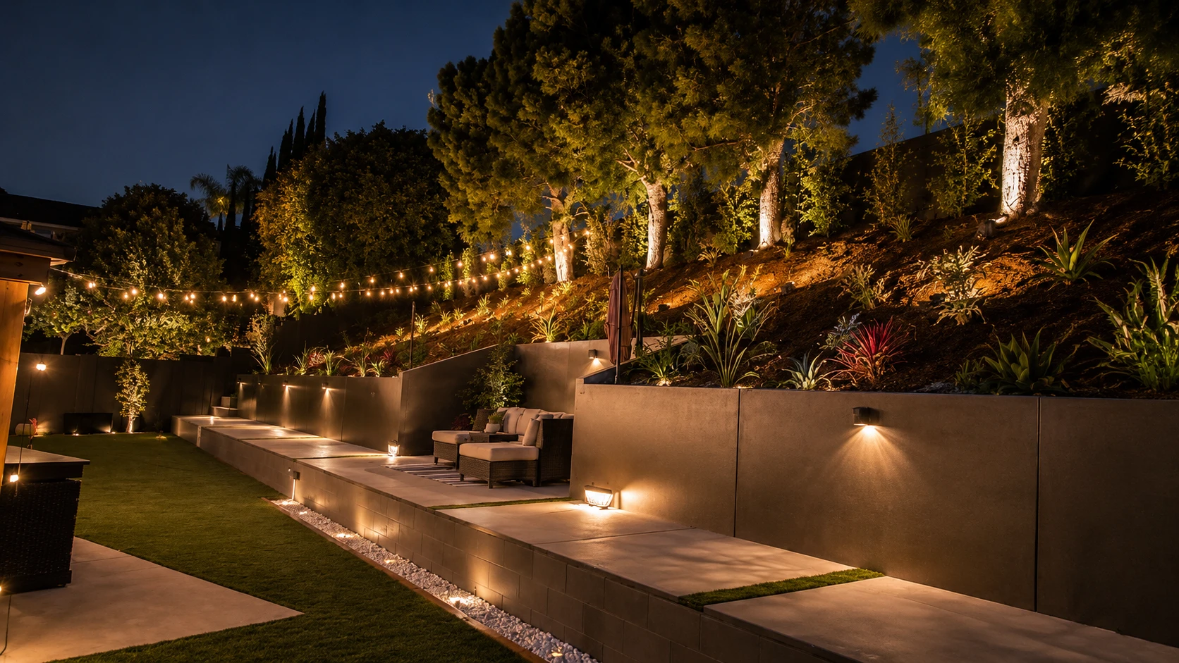 Terraced backyard with landscape lighting built by Rehab Building Co. INC