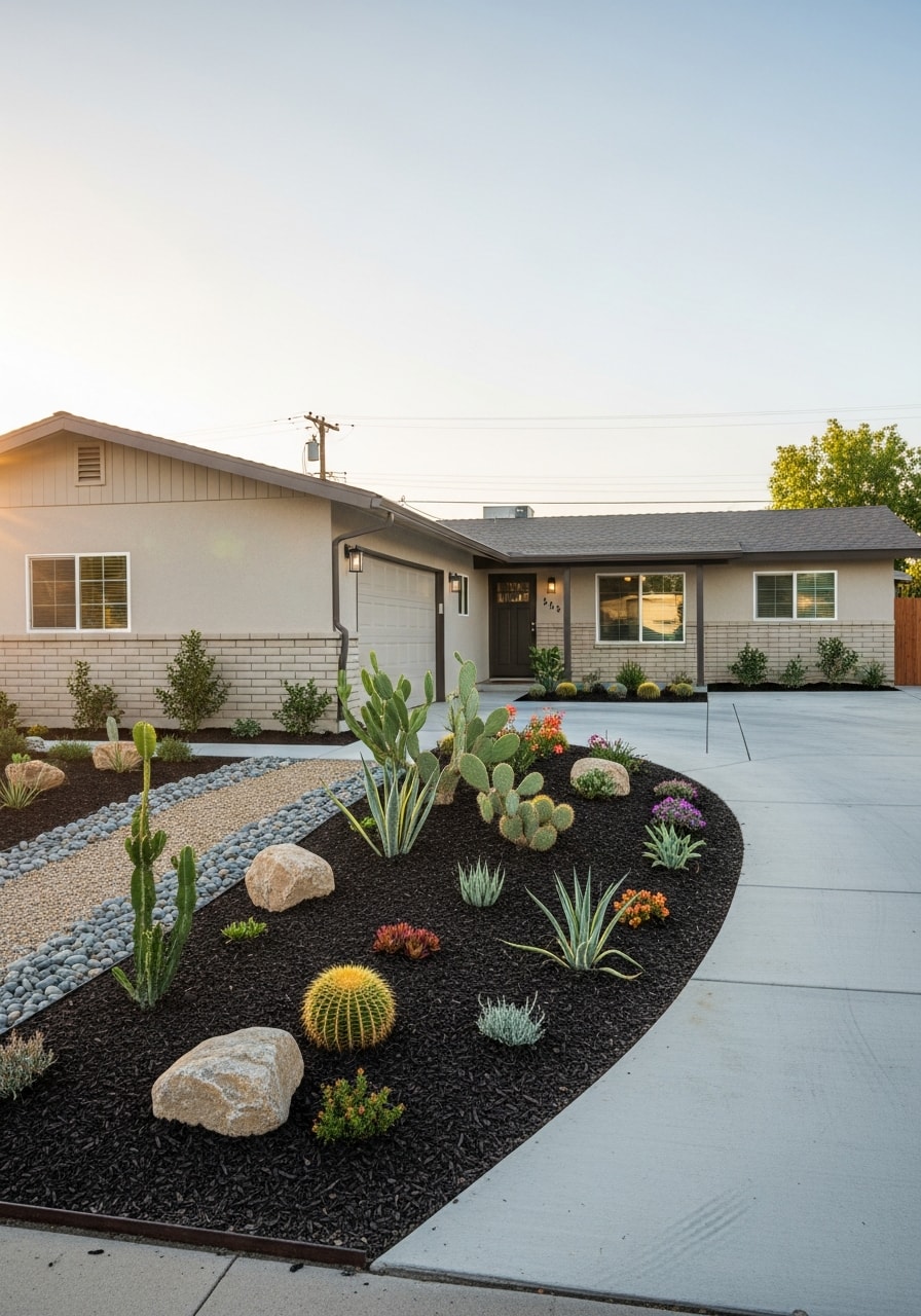 Close-up of a Palmdale home exterior with landscaping and driveway, demonstrating property maintenance standards.