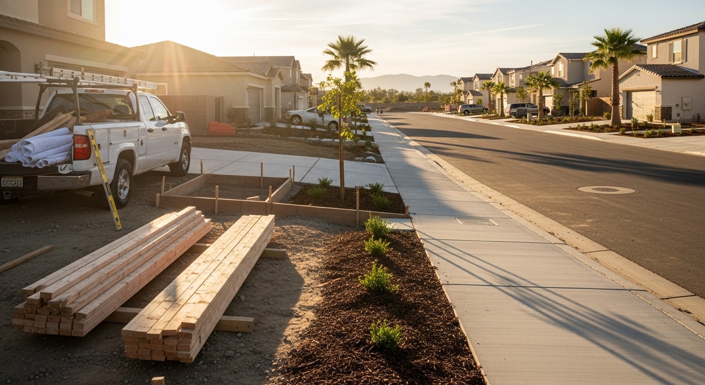 Riverside residential area with newer homes, wide streets, and desert landscaping typical of Inland Southern California.