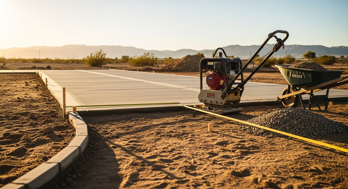 Newly installed residential driveway at a single-family home in Palmdale, California, showing a smooth, freshly finished surface leading from the street to the garage. The surrounding desert landscape and clear Antelope Valley sky are visible in the background.