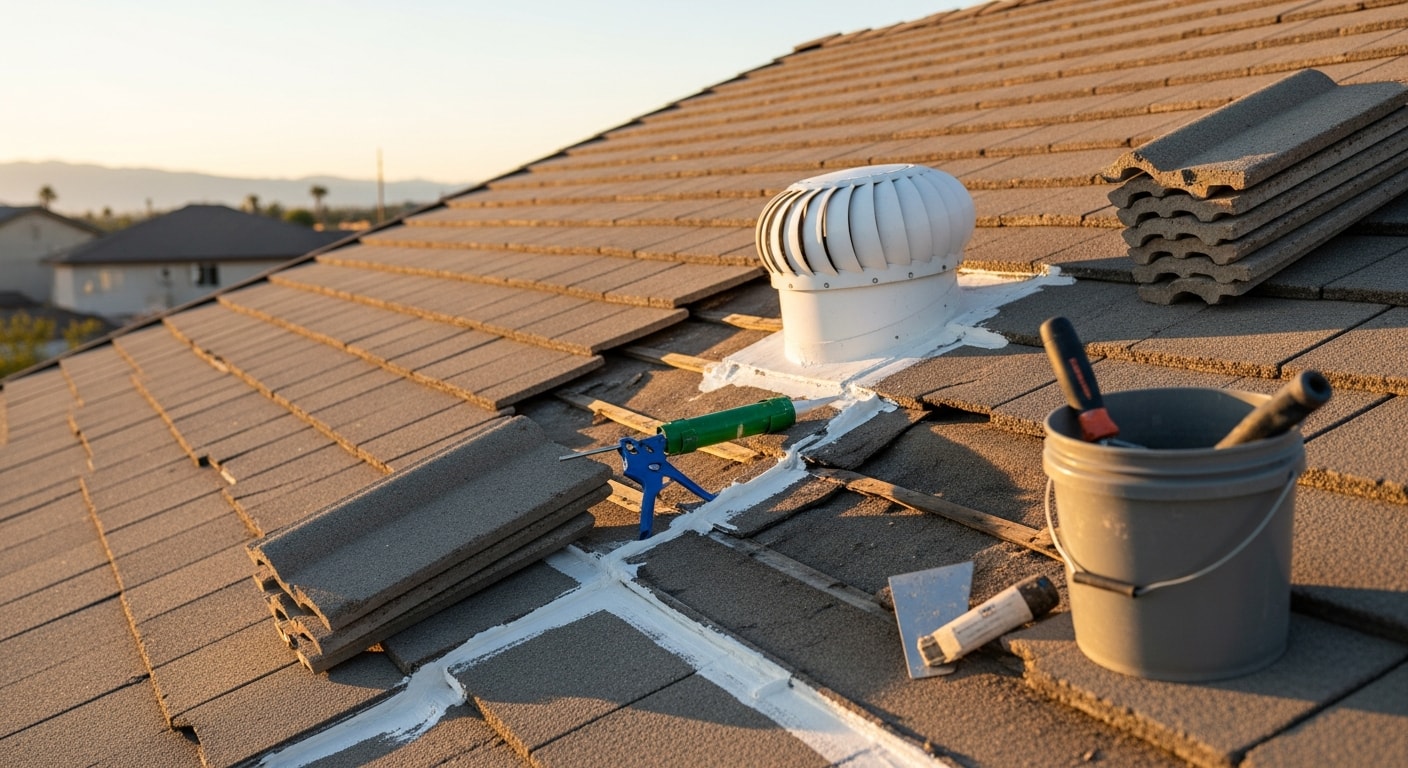 A Palmdale residential roof with a visibly damaged section showing lifted shingles and exposed underlayment following a high desert windstorm. A roofing contractor from Rehab Building Co Inc. inspects the affected area from the rooftop.