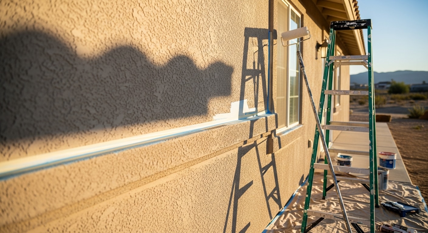 A freshly painted single-family stucco home in Palmdale, California, with clean trim lines and an even finish on the exterior walls and garage door. The repainted facade shows no peeling or fading against the bright Antelope Valley sky.