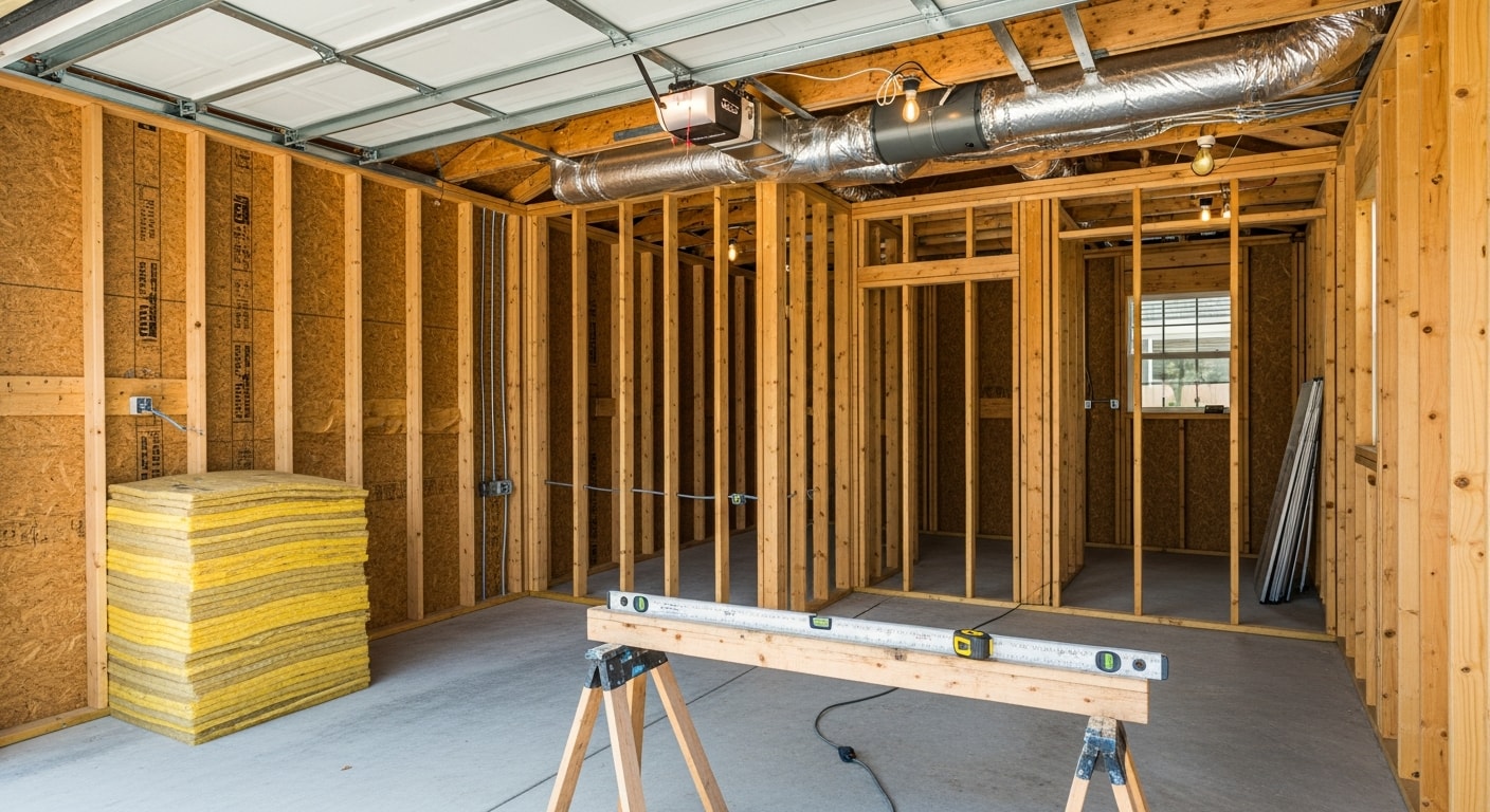A converted single-car garage in a Palmdale residential neighborhood, finished as a studio ADU with a new exterior door, window, and stucco exterior matching the main house. Interior view shows insulated walls, recessed lighting, and a small kitchen area along one wall.