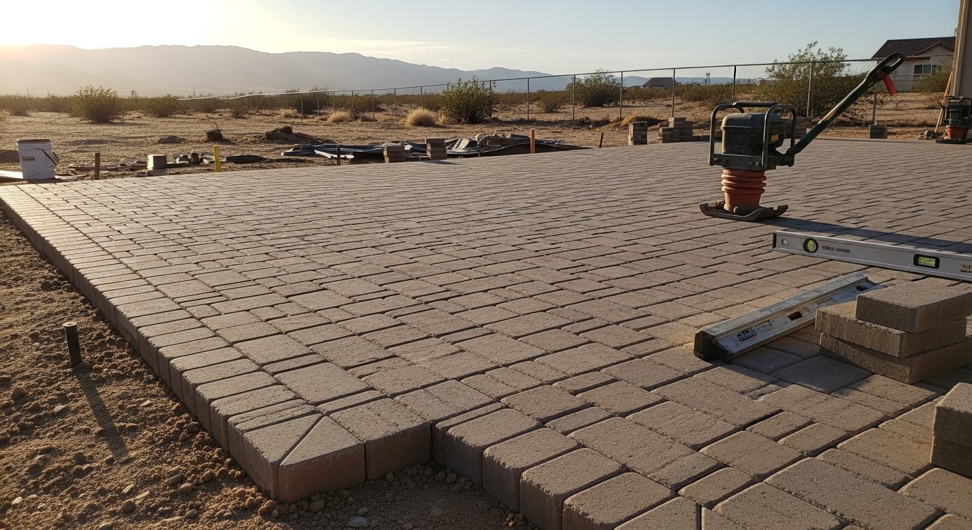 A finished backyard hardscape installation at a Palmdale residential property, showing a paver patio with a built-in seat wall and a stone retaining wall on a sloped lot. The design reflects the clean lines and durable materials suited to the Antelope Valley's high-desert climate.