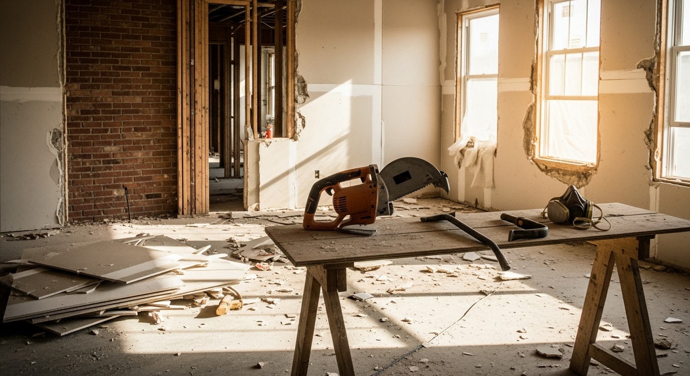 Interior of a Palmdale home mid-demolition with drywall removed from walls and flooring stripped down to the subfloor. A cleared room ready for remodeling work by Rehab Building Co Inc.