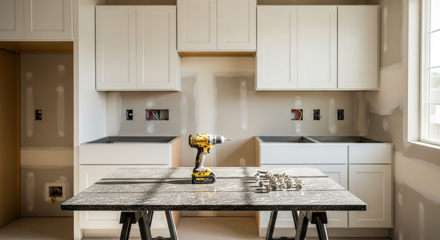 Remodeled kitchen in a Palmdale single-family home featuring new cabinetry, updated countertops, and recessed lighting. Work completed by Rehab Building Co Inc., a licensed general contractor serving the Antelope Valley.