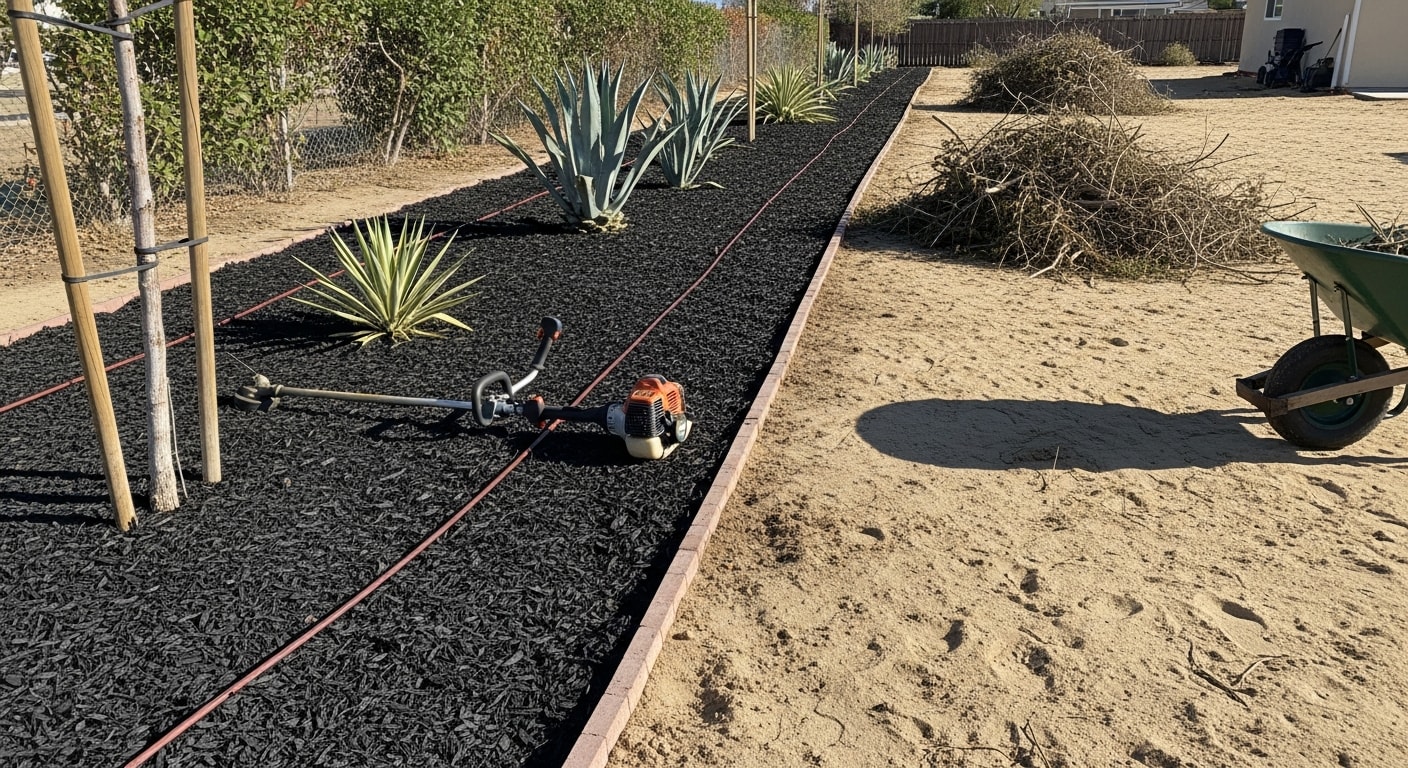 A well-maintained residential front yard in Palmdale, California, with neatly trimmed shrubs, clean edging along a concrete walkway, and fresh mulch in planting beds. A landscape maintenance crew member inspects a drip irrigation line near drought-tolerant plantings under a clear high desert sky.