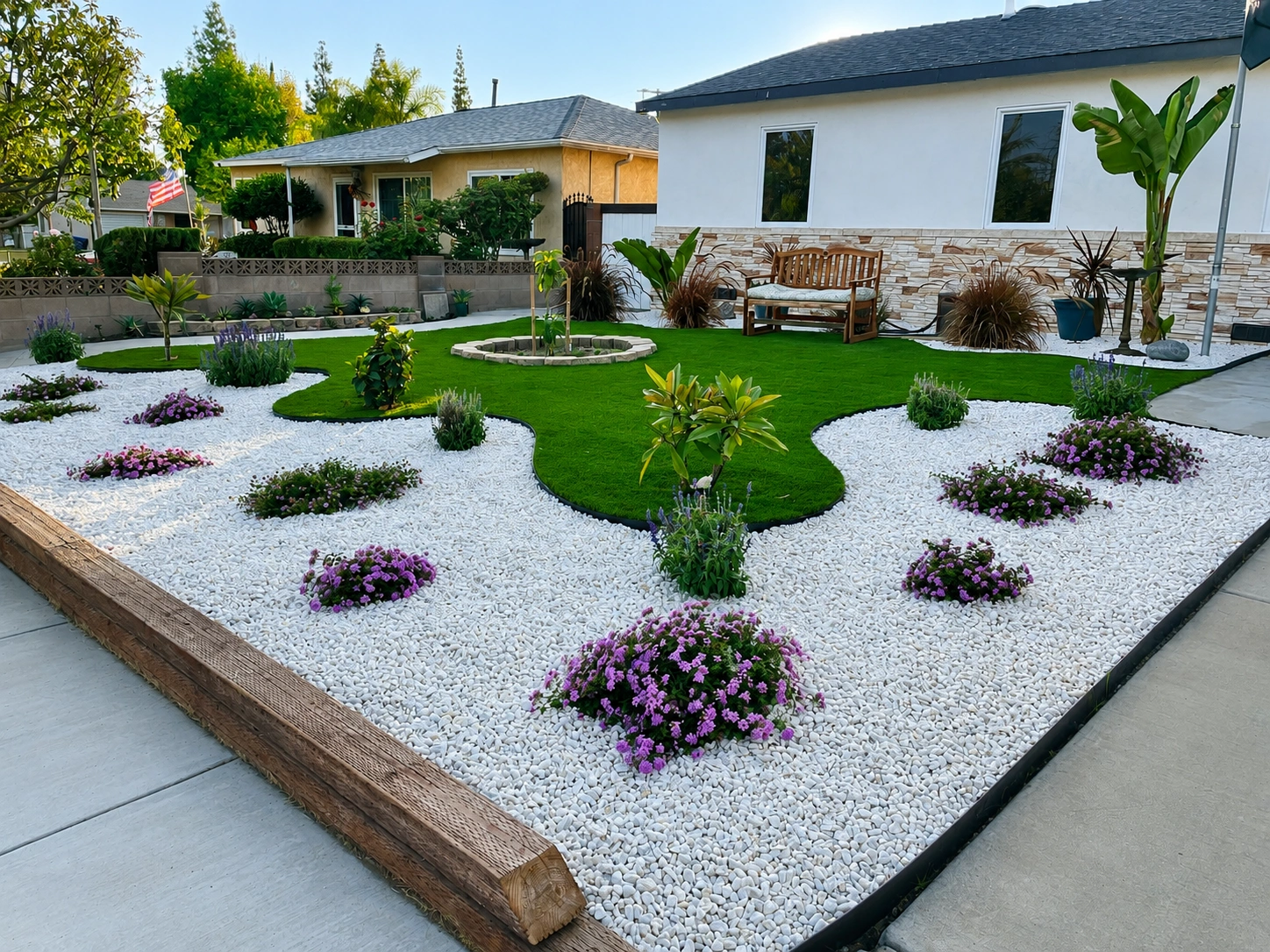 Front-yard landscape with white rock and drought-tolerant planting built by Rehab Building Co. INC