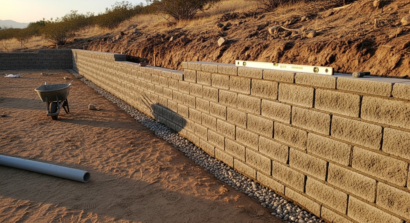 A completed masonry retaining wall on a sloped residential property in Palmdale, California, creating a level yard area with clean drainage behind the wall face. The wall steps down a graded hillside lot with dry desert-adjacent landscaping visible in the background.