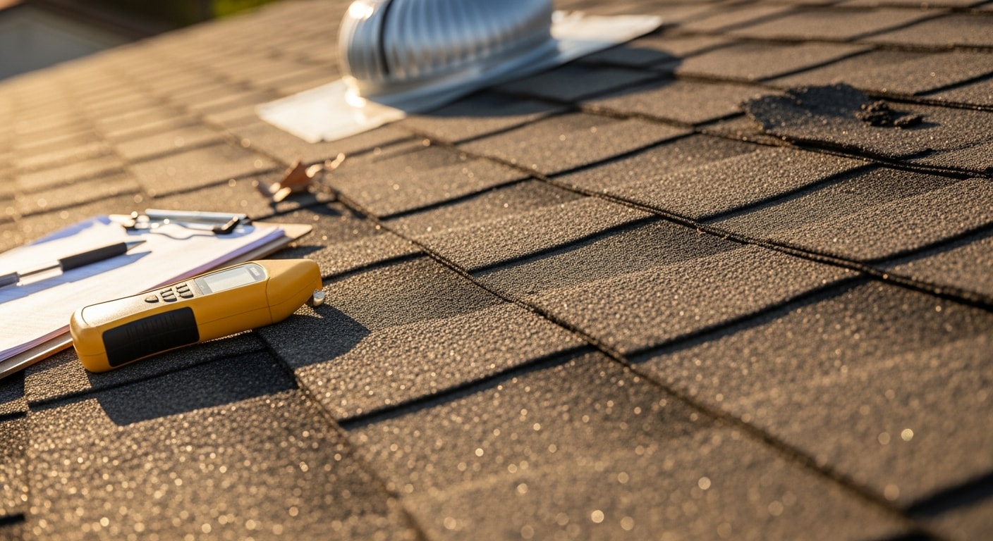 A roofing contractor from Rehab Building Co Inc. inspecting shingles and flashing on a residential roof in Palmdale, California. The image shows a sun-exposed roof surface being examined for wind damage and UV wear common in the high desert climate.