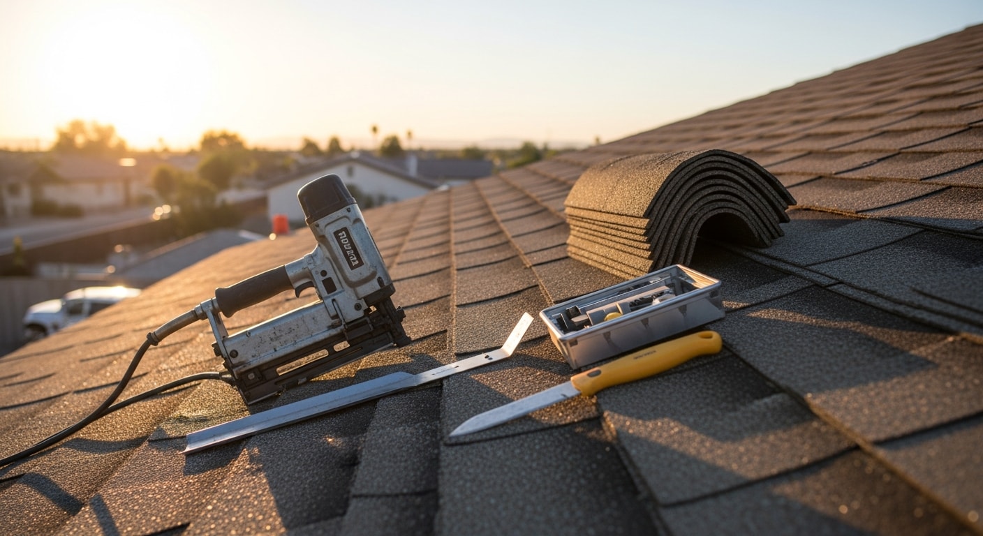 A roofing contractor from Rehab Building Co Inc. repairing damaged shingles on a residential roof in Palmdale, CA. Close-up view shows replaced shingles and resealed flashing on a single-story desert home under clear blue sky.
