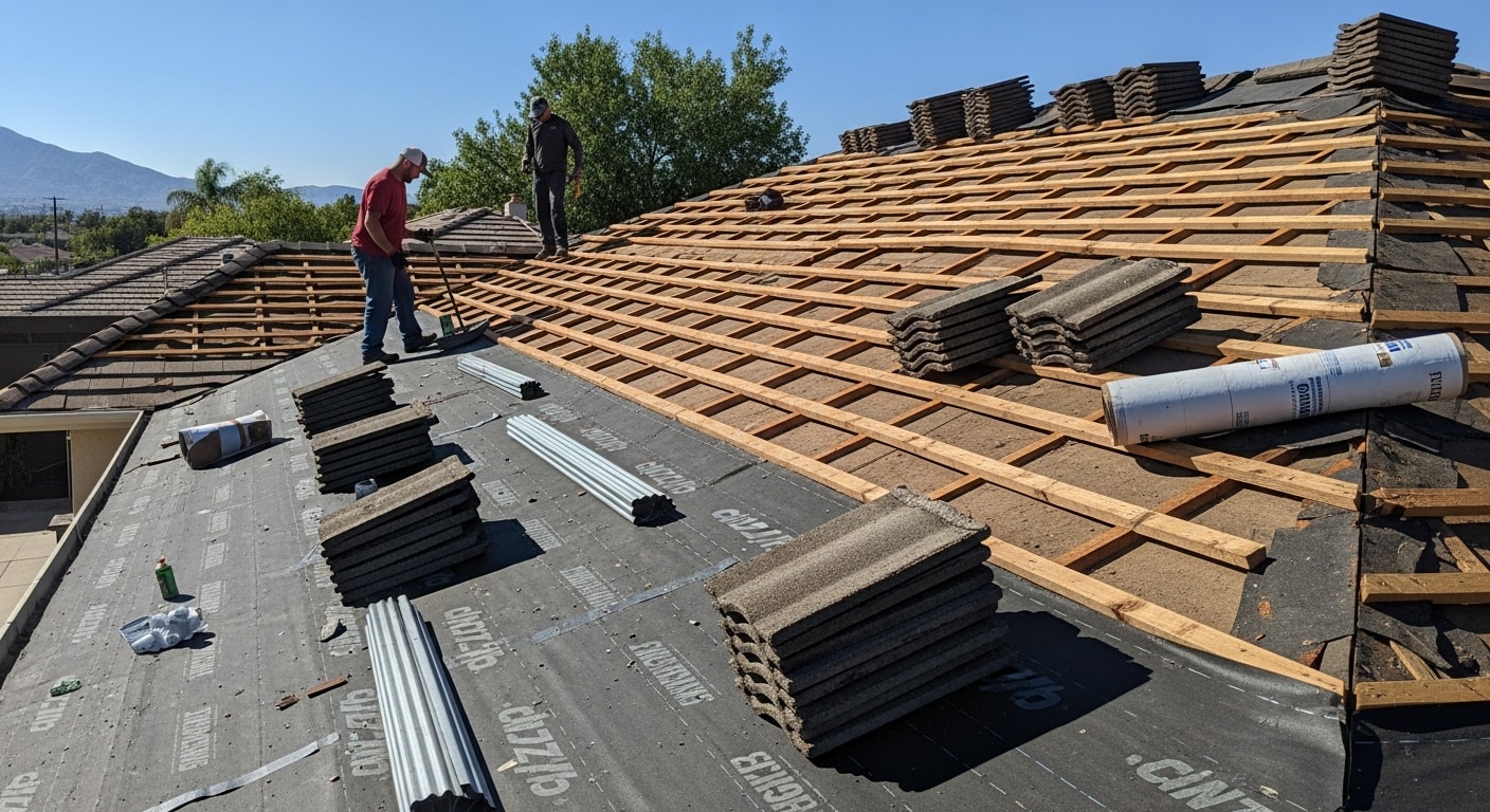 A Palmdale residential home with a completed roof replacement showing new composition shingles installed across a pitched roof under clear high-desert sky. The finished roofline includes replaced ridge cap and new flashing at the chimney and eave edges.