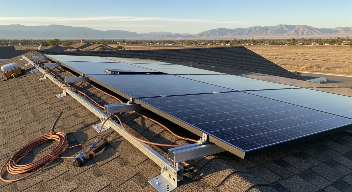 Residential solar panels installed on a single-story home rooftop in Palmdale, California, with clear desert sky and Antelope Valley terrain visible in the background. The panels are flush-mounted and cover the south-facing roof section.