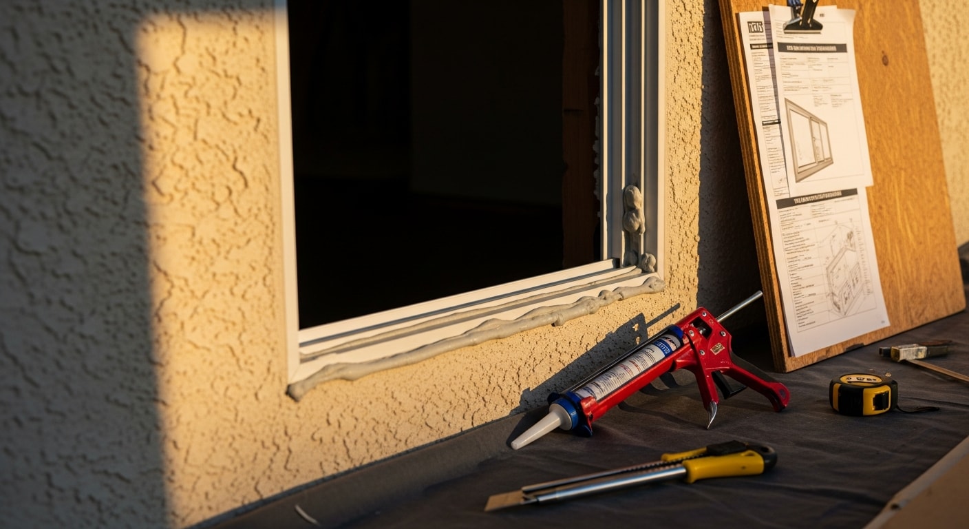 A Palmdale single-family home exterior showing newly installed windows with clean frames and tight seals against a stucco facade. The windows are fully set in the rough openings with finished trim, viewed from the front of the property.