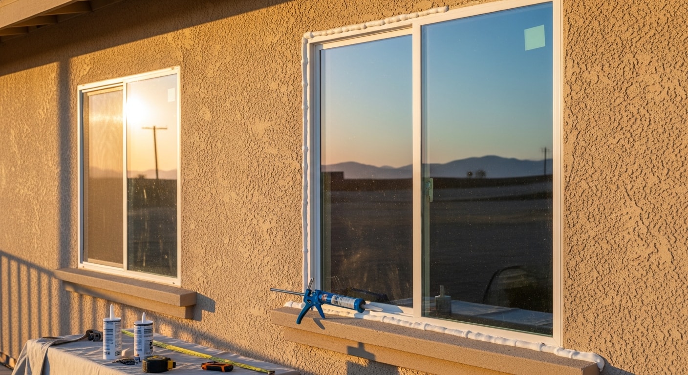 A Palmdale single-family home with newly installed replacement windows, showing clean frames and tight exterior sealing against a clear high desert sky. Close-up view of the finished window perimeter on a stucco exterior, installed by Rehab Building Co Inc.